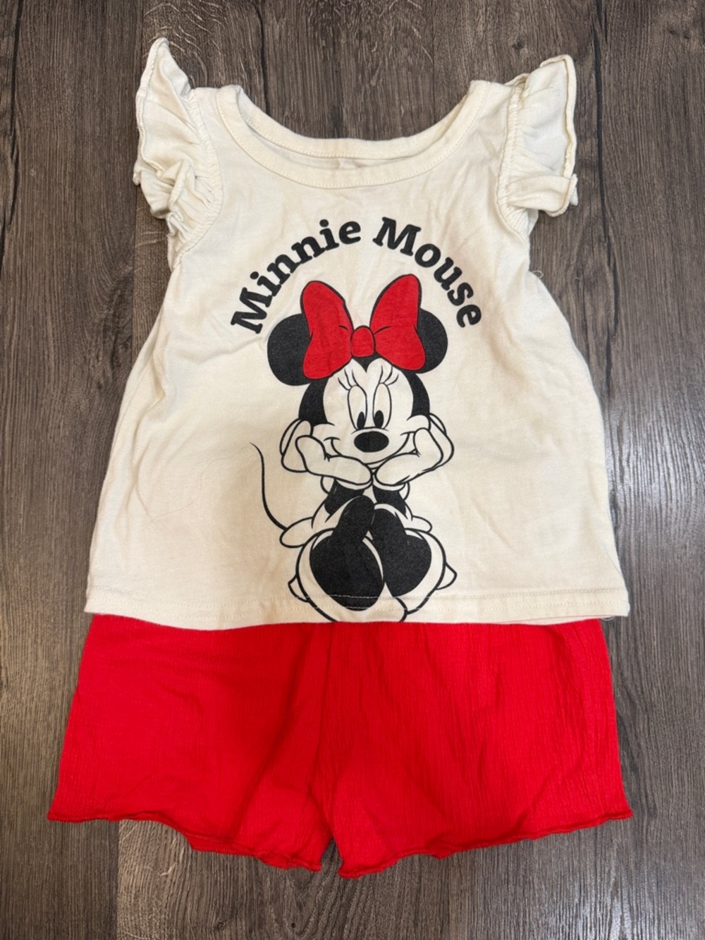 Disney Minnie Mouse Cream Top with Red Bow and Red Shorts Matching Set